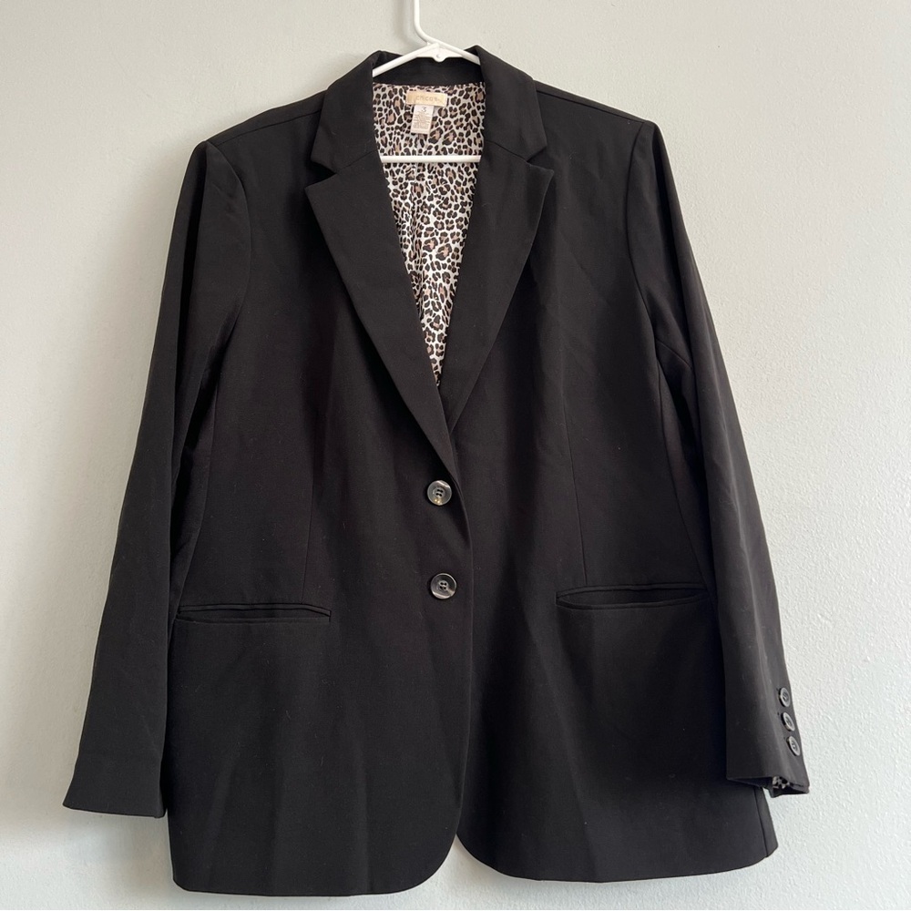 Chico's Womens Two Button Black Blazer Sz L Leopard Print Lined Office Career